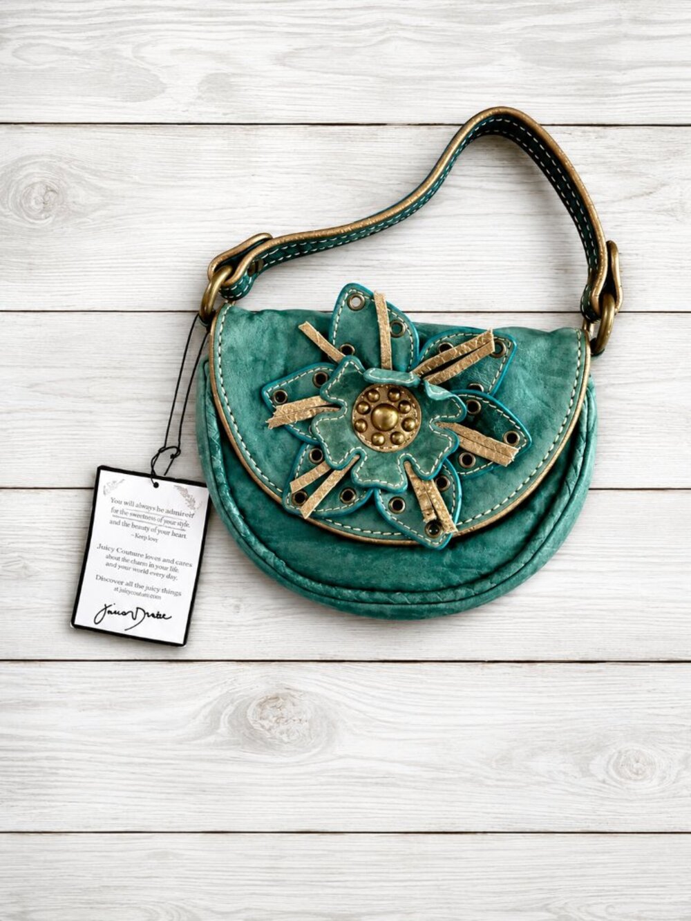Junior Drake Genuine Italian Leather Turquoise Floral Handbag Purse w/ Original